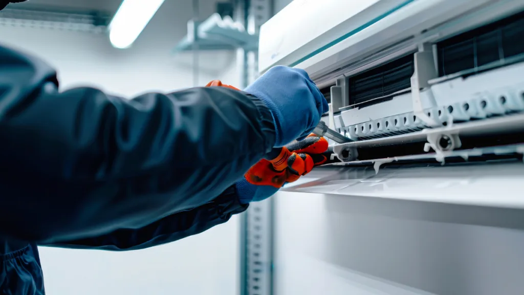 A technician performing maintenance on a ductless mini split ac unit