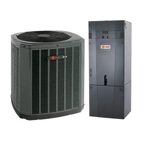 A Trane central air conditioning unit and matching air handler both in a dark gray finish designed for efficient home cooling and heating