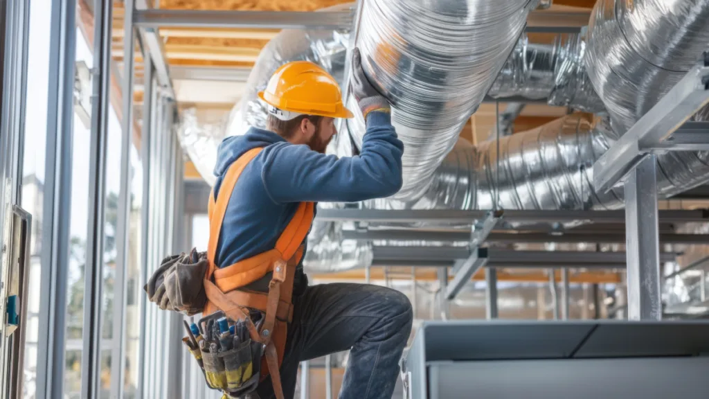 An hvac technician inspecting the ductwork of a healthcare facilitiys hvac system