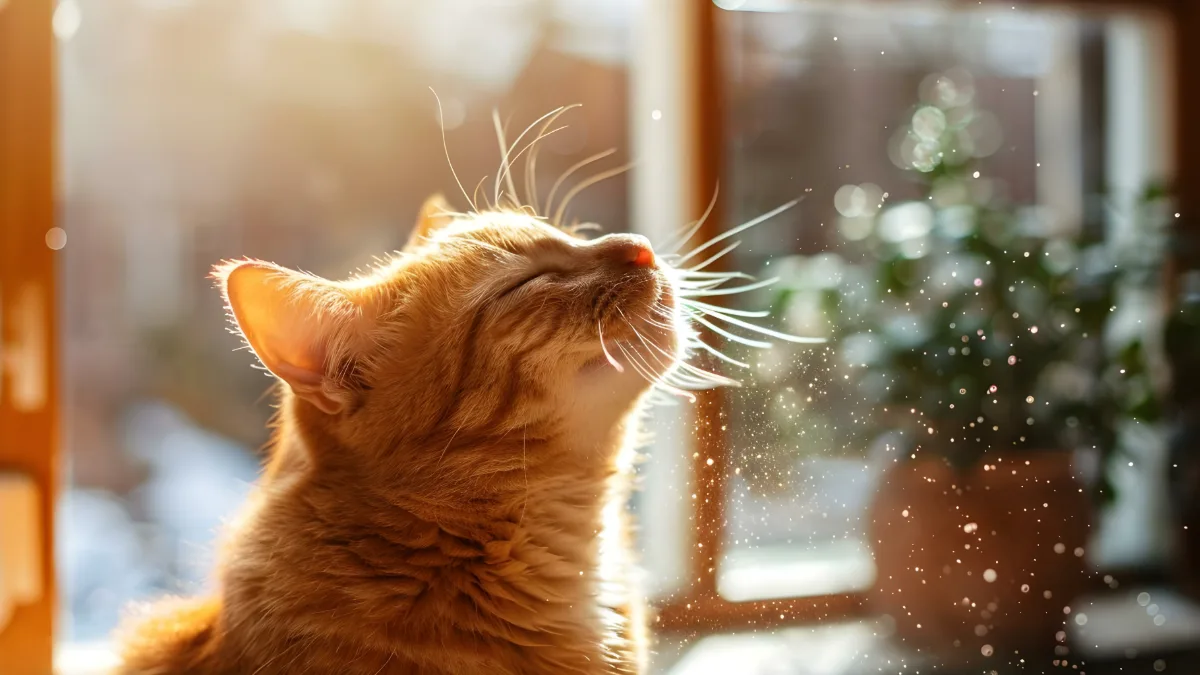 Spring pollen and pet dander surrounding a cat in someones home